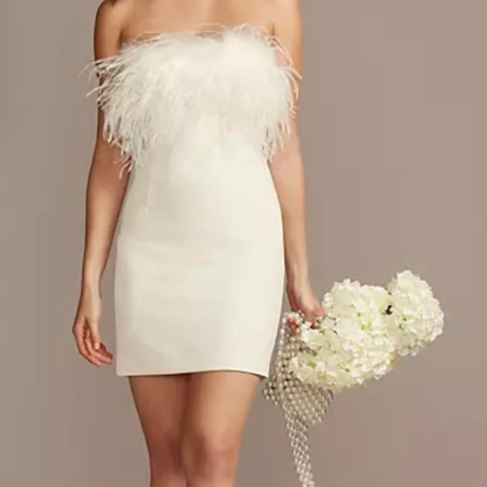 White David bridal feather mini dress